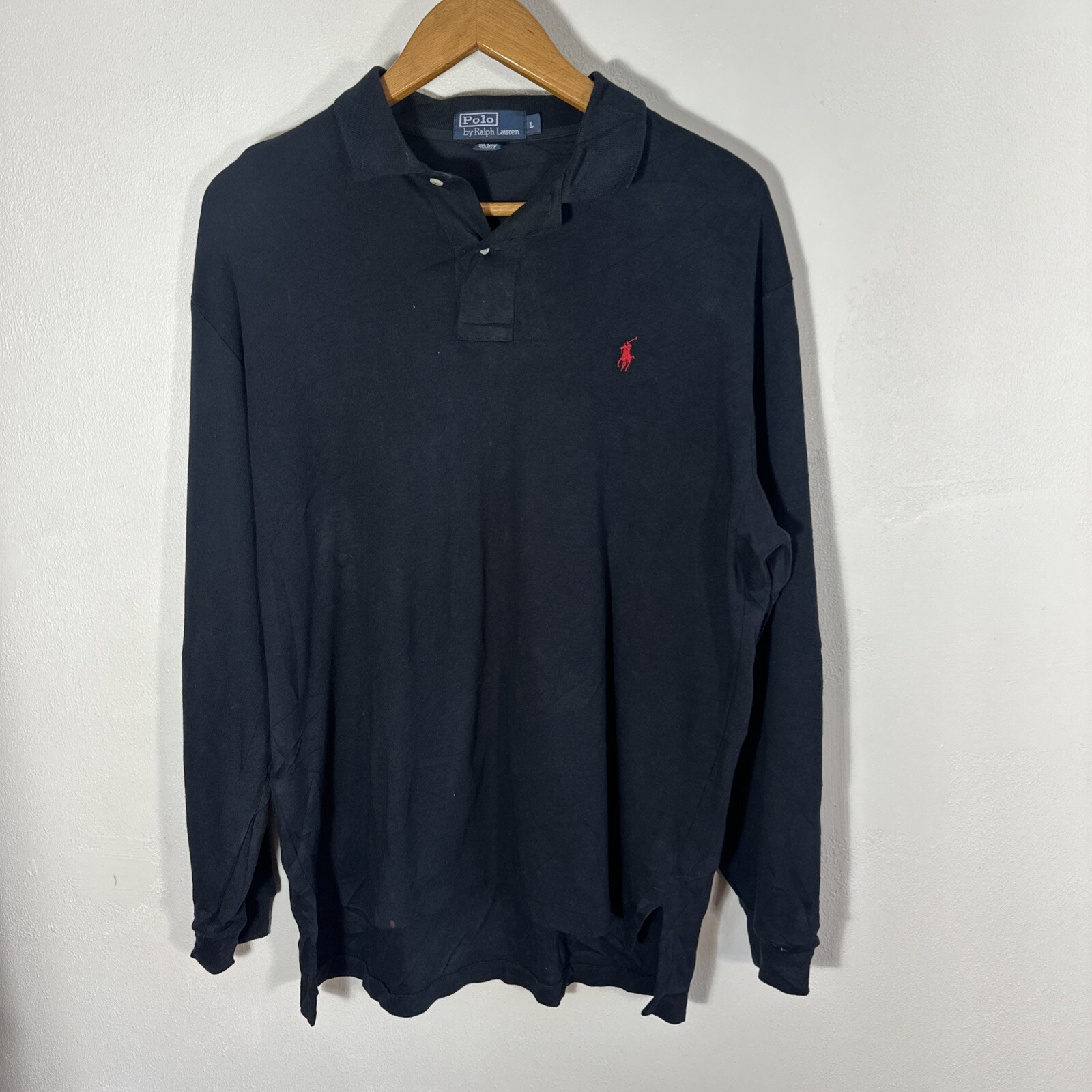 Polo Ralph Lauren camicia grande uomo L nero rosso pony cotone manica lunga colletto