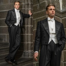 2Pcs Men's Suit Business Classic Fit British Formal TailCoat Tuxedo Jacket Black