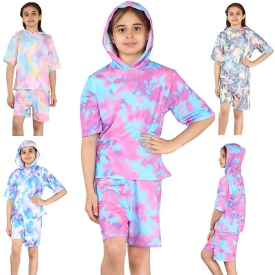 GUM & BERRIES Girls Tie Dye Hoodie Top And Shorts Outfit Kids Summer Set Blue Pink Age 5-13 Yr
