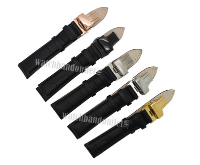 Black Genuine Leather Watch Band+Push Button Butterfly Deployant Clasp Buckle 
