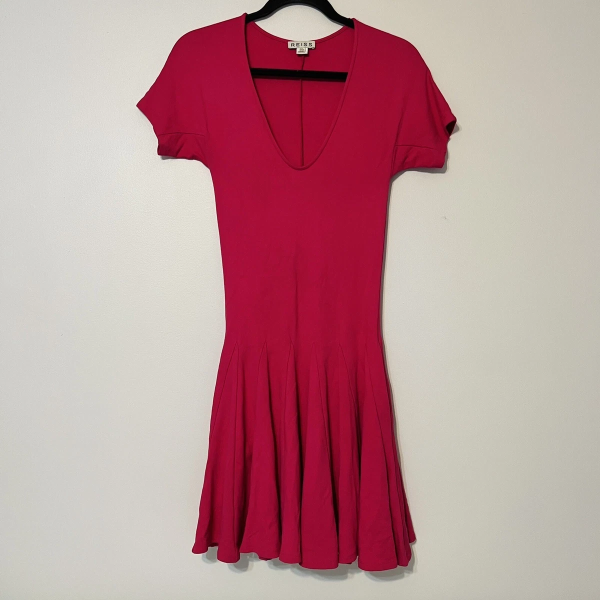 Reiss Myrtle Raspberry Pink Fit Flare Jersey Dress Stretch Short