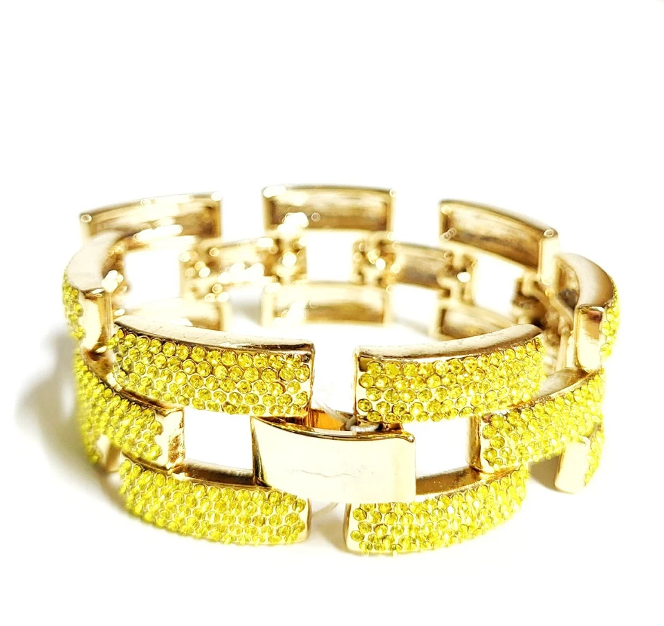 Brazalete J.Crew Cuadrado Eslabón Pavimentado Chartreuse Multi Flash Chapado en Oro Latón Nuevo con Etiquetas Foto 3 de 4