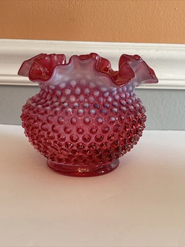 FENTON CRANBERRY OPALESCENT HOBNAIL ROUND BOWL VASE
