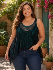 Lane Bryant 18/20 Embellished Lace Overlay Tank Top Teal Black Plus Size Summer