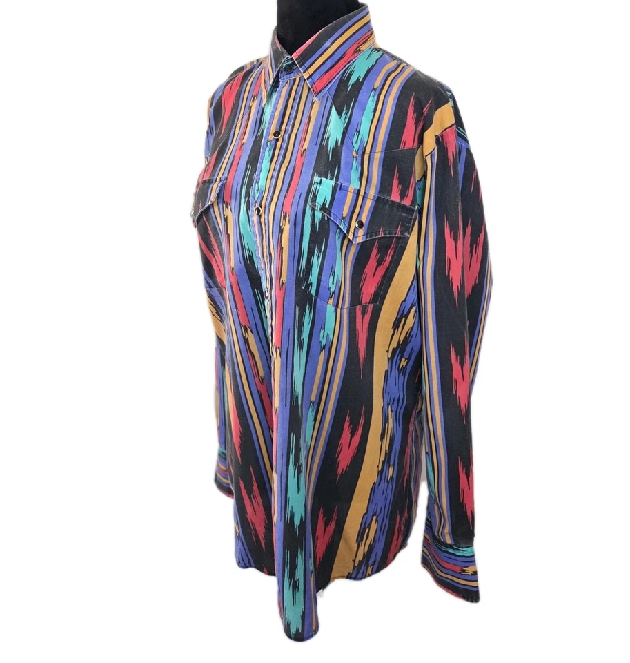 Camisa De Colección Ely Ganaderos Para Hombres L Negra Azul Azteca Occidental Geométrica Años 90 Foto 3 de 4