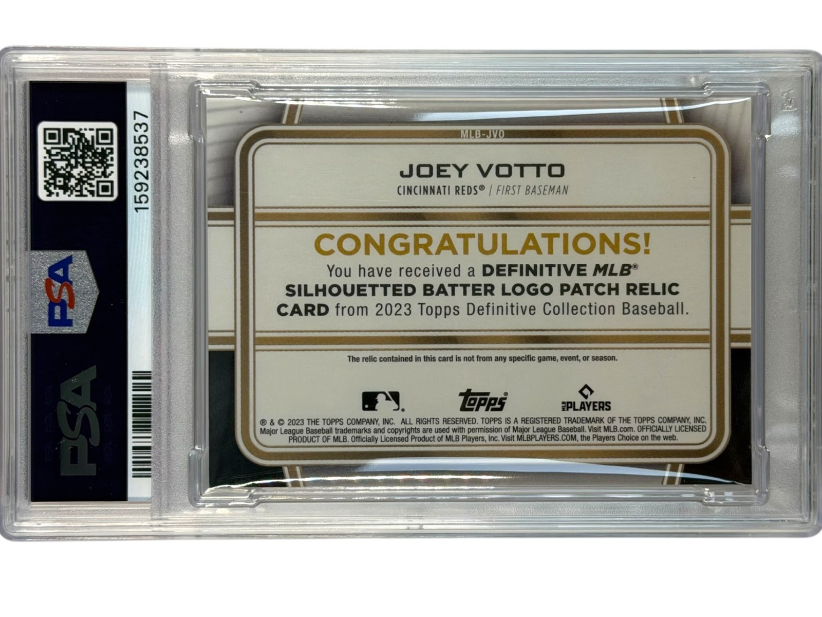 2023 Topps Definitive Joey Votto MLB Logoman Patch 1/1 PSA 9 view 2