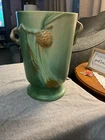 Roseville Art Pottery 7 1/2" Pine Cone Handled Footed Vase 704-7 Circa 1930-40’s
