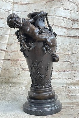VINTAGE REAL GENUINE BRONZE EUROPEAN CHERUB PUTTO ON MARBLE BASE SCULPTURE ART