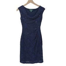 Lauren Ralph Lauren Dress Size 4P Blue Lace Sequin Sleeveless Cocktail Party