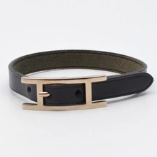 HERMES Api 3 Leather Bracelet Black/Silver Fits Wrists 7" w/Box Good Condition