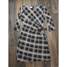 Ann Taylor Factory Plaid Wrap Tie Sheath Dress Black Tan White 3/4 Sleeve NWT M