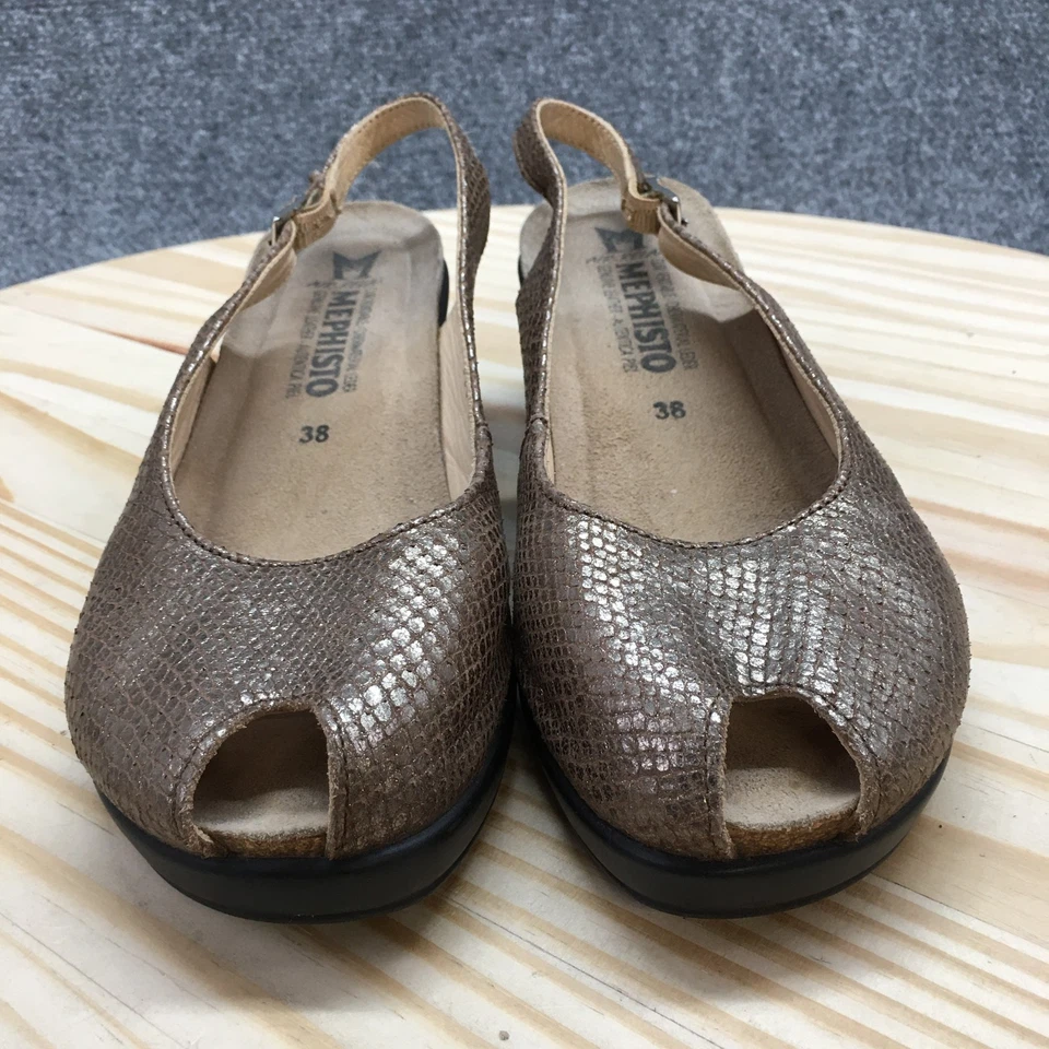 Mephisto Sandals Womens 38 Slingback Beige Leather Peep Toe Slip On Wedge Heels - Image 4 of 4