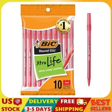 Round Stic Xtra Life Red Ballpoint Pens, Medium Point (1.0mm), 10-Count Pack of