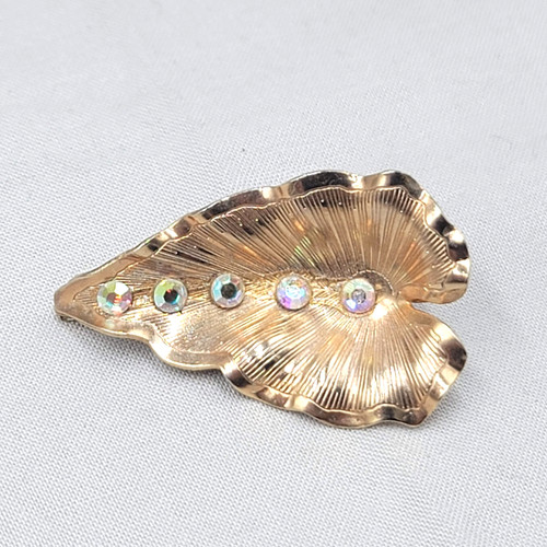 Vintage Gold Tone Leaf Hair Clip Barrette AB Rhinestones 2"