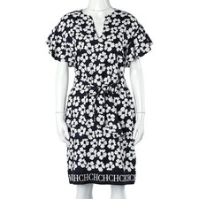 CH Carolina Herrera Navy Blue Floral Print Silk Linen Belted Dress S