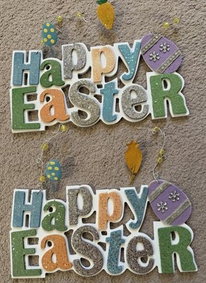 HAPPY EASTER Hanging Sign Decor Set of Two Measure 12  x 8  New
