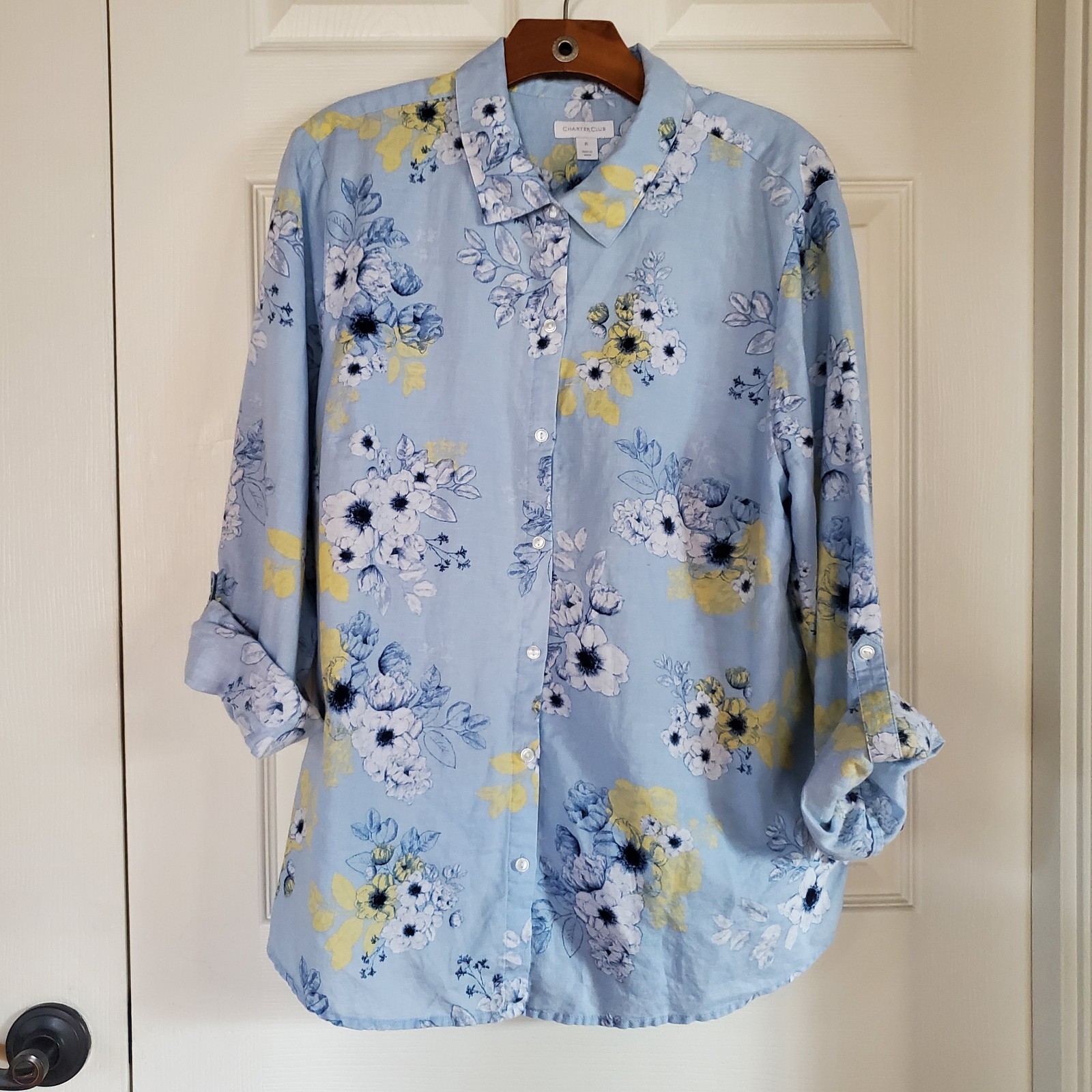 Charter Club Linen Floral Blouse Blue Button-up Shirt Roll-up Sleeves Size XL