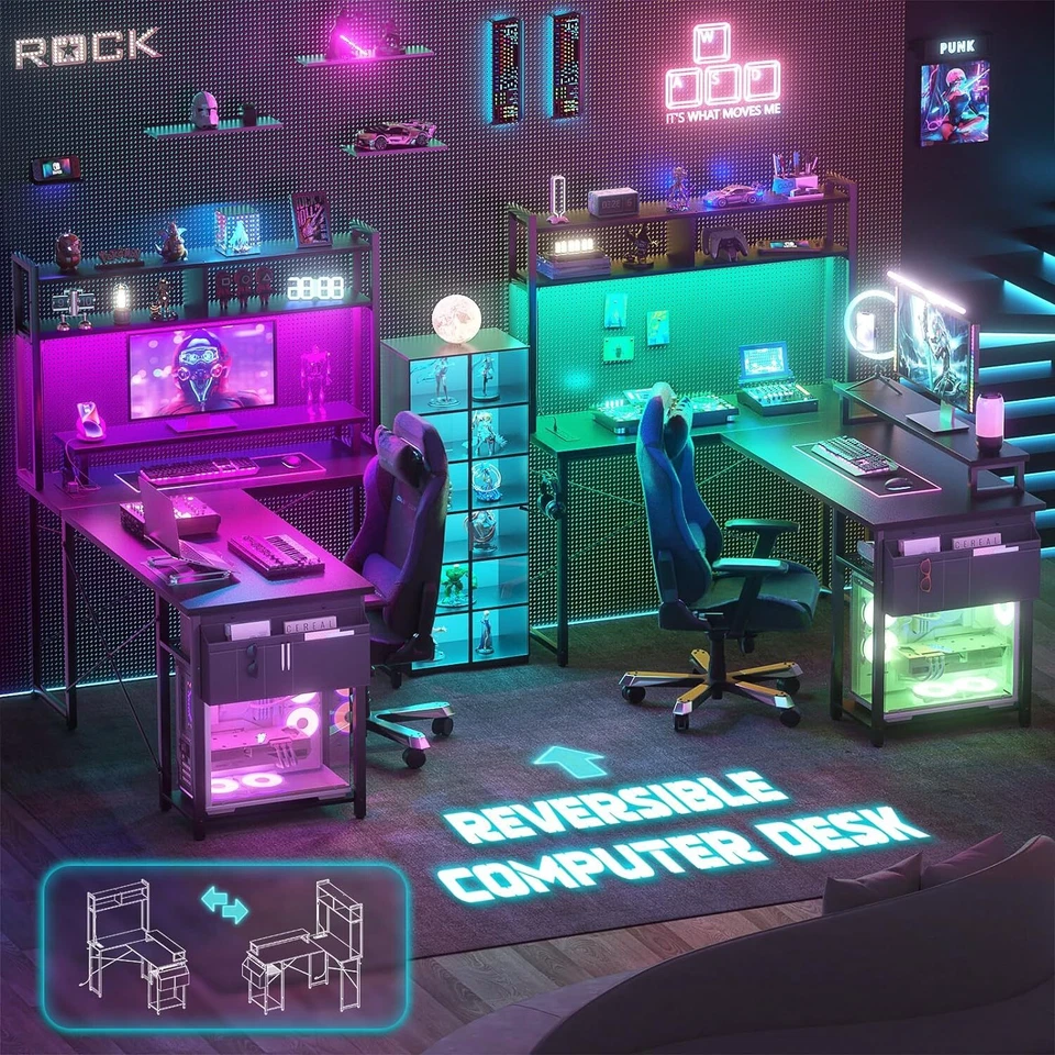 Escritorio para juegos de computadora reversible en forma de L con luces LED y tomas de corriente Foto 2 de 4