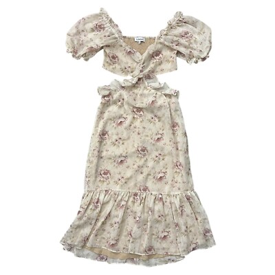 En Saison Floral Chiffon Cutout Midi Dress Blush Pink Size M Ruffle Romantic