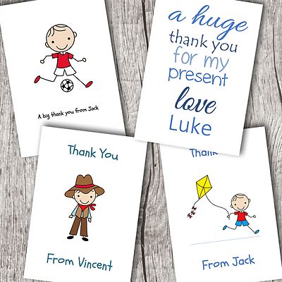 Personalisierte gefaltete DANKESCHÖN-Karten Junge/Kinder ~ Fußball ~ Worte ~ Cowboy ~ Drachen