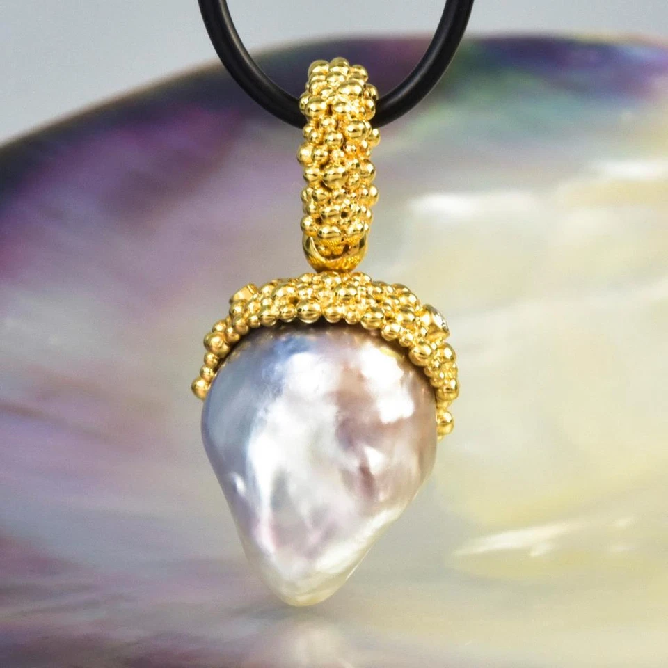 Gigantische South Sea Pearl Pendant, Gold Vermeil Sterling Diamant & Smaragd - Bild 4 von 4