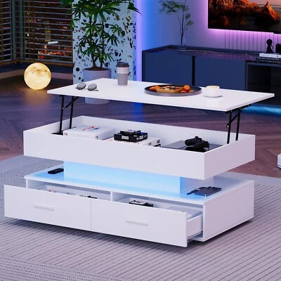 MERAX LED Coffee Table With Lift Top and Storage Drawers Living Room Furniture White