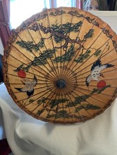Vintage Hand Painted Parasol Bamboo  Rice Paper Cranes, Bonsai