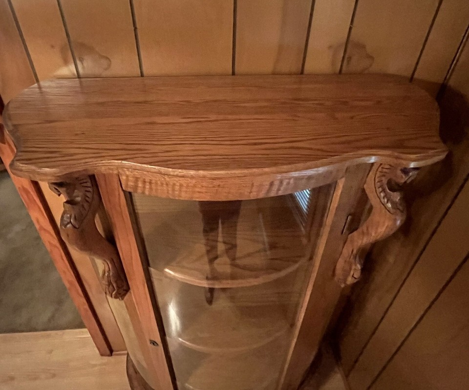 Antique American Tiger Oak Curved Glass Curio Skeleton Key 64