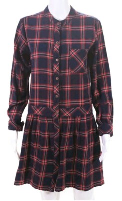 Current/Elliott Womens Plaid Long Sleeve Shirt Dress Blue Red Size Medium