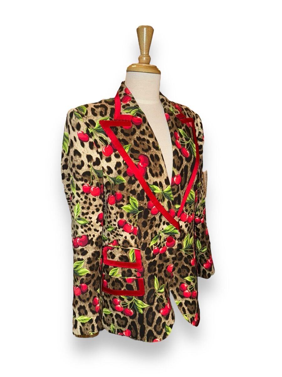DOLCE GABBANA Turlington Leopard & Cherry Print Cady Jacket DOLCE GABBANA Turlington Leopard & Cherry Print Cady Jacket