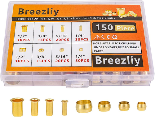 150PCS Tube OD(1/4" 5/16" 3/8" 1/2") Brass Compression Sleeves Ferrules & Insert - 第 1/12 張圖片
