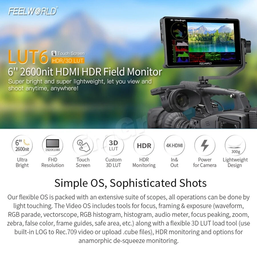DHL FEELWORLD LUT6  6" 2600nits HDR/3D LUT HDMI Field Monitor 4K for DSLR Camera - Image 2 of 4