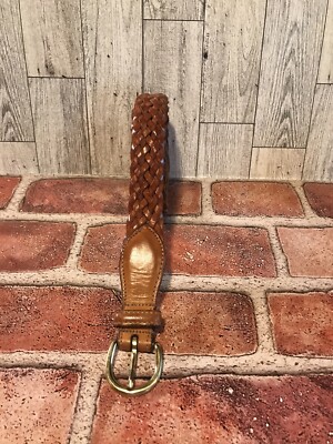 Vintage Woven Leather Belt with Etched Brass Buckle - Tan Italian Leather Hand Woven Belt With Antique Brass Etched  main image 4