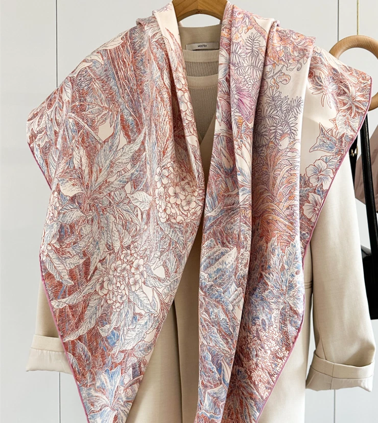 100% Silk Arboretum Print Twill Silk Wrap Scarf Bandana Large Neckerchief Shawl