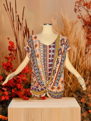 BOBBIE BROOKS Plus 2X Short Sleeve Orange Top TWIST FRONT Stretch GEOMETRIC Lace