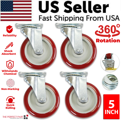 #ad 4 Pack 5 Inch Caster Wheels Swivel Plate Polyurethane Wheels Heavy Duty Wheels $24.95