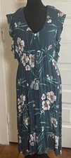 Knox Rose Teal Floral Midi Dress V-Neck Flutter Sleeve Drawstring tassel Boho L
