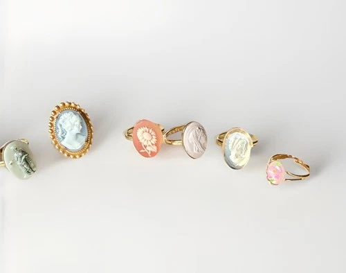 Vintage Cameo Ring Lot 6pc Blue White Pink Sunflower Intaglio Costume Jewelry