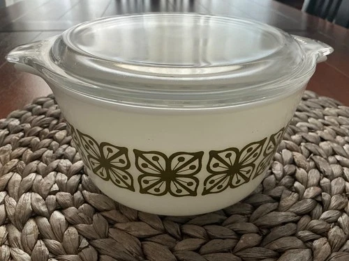 Vintage PYREX Autumn Floral Verde 473 1 QT Cinderalla Bowl w/ Lid
