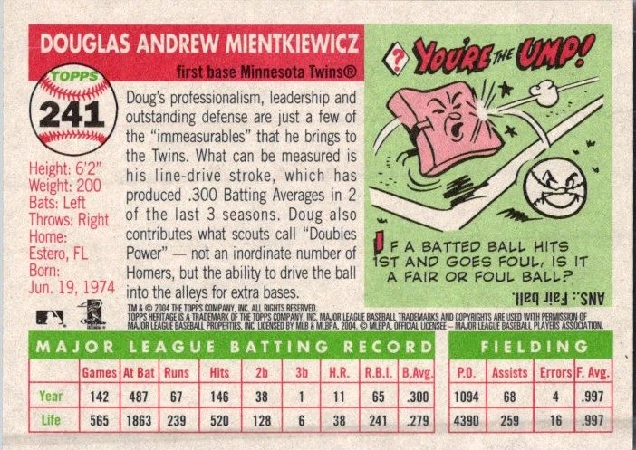 2004 Topps Heritage #241 Doug Mientkiewicz - Image 2 of 2