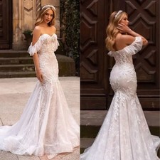 Boho Wedding Dresses Off the Shoulder Appliques Lace Mermaid Champagne
