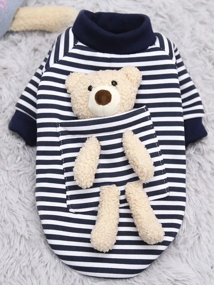 "Cute Pocket Bear Striped Dog Sweatshirt Velvet Pet Sweater for Small Medium Cat - Image 3 of 4