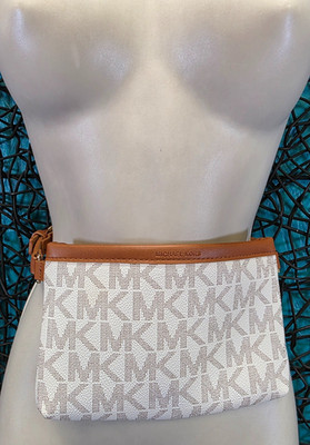 Michael Kors MK Signature Vanilla Fanny Pack Belt Bag Brown Trim Travel Vacation