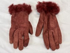 Wilson  s Leather Suede Gloves Sz Large Women  s Red/rust Real Fur Trim
