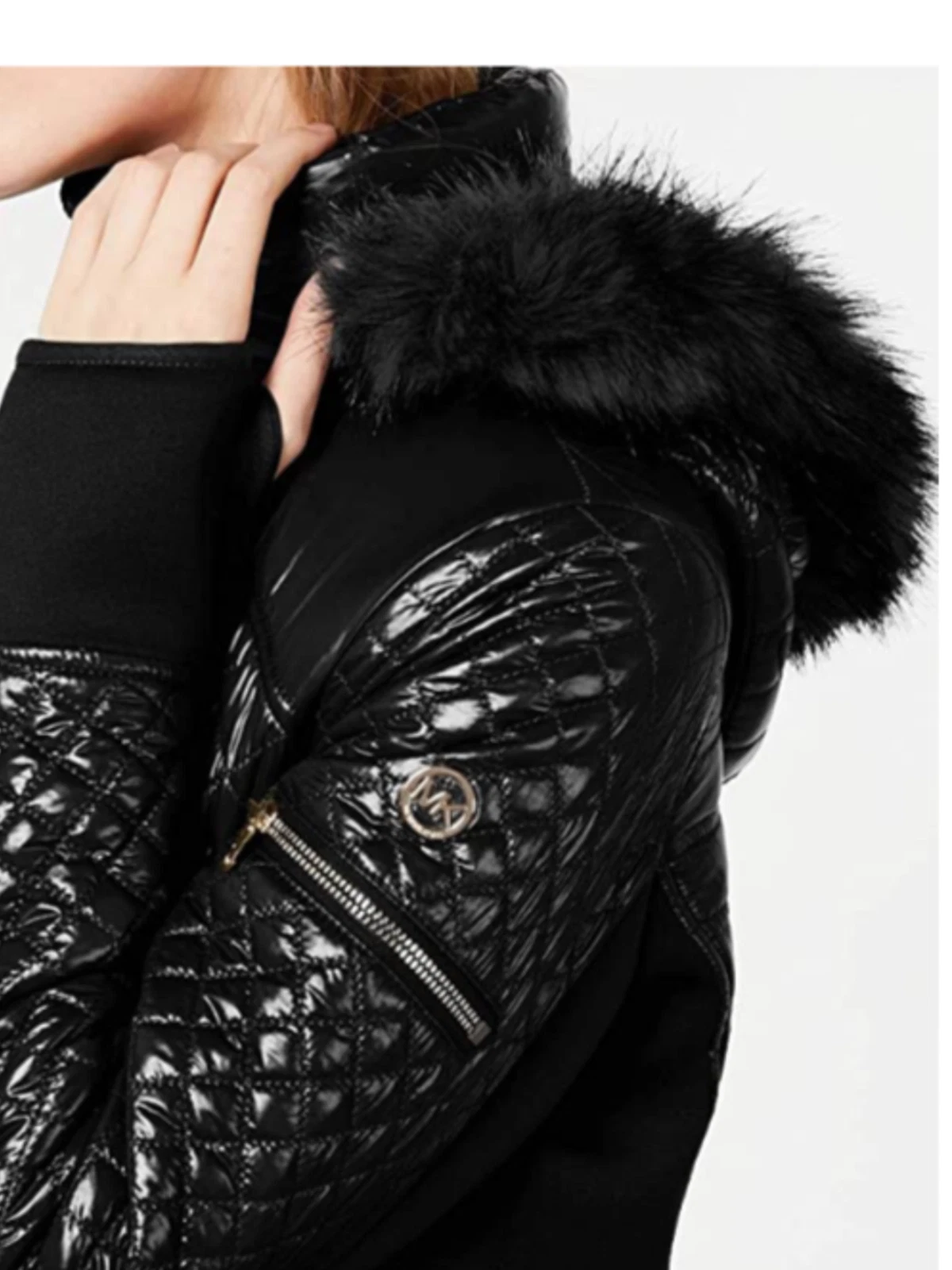 Cappotto con cappuccio Michael Kors nero trapuntato misto misto finiture in pelliccia sintetica taglia M