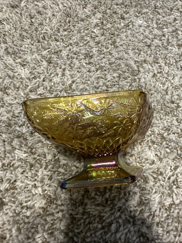 Vintage Indiana Carnival Glass Iridescent Marigold Pedestal Dish Floral Diamond