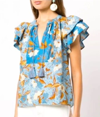 ULLA JOHNSON Jules Flutter Sleeve Lapis Blouse Top Size 2, NEW NWOT, MSRP $255