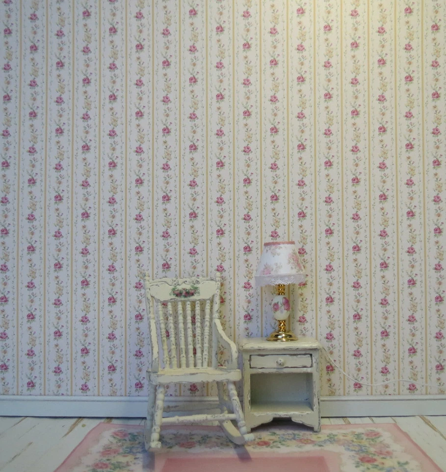 Dollhouse Miniature Shabby Chic Wallpaper Yellow & Pink Stripe Floral 1:12 Roses - Image 2 of 3