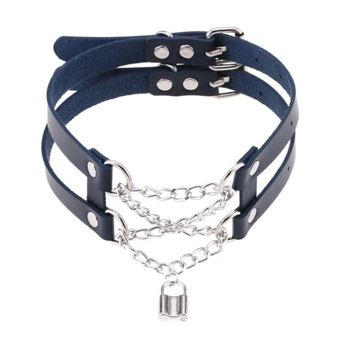 Double Belt Punk Choker with Cross Chain Lock Pendant Gothic Collar - Picture 19 of 37