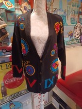 True Vintage '90s Y2K Chaus Funky Embroidered Sequined Clock Cardigan M Kidcore